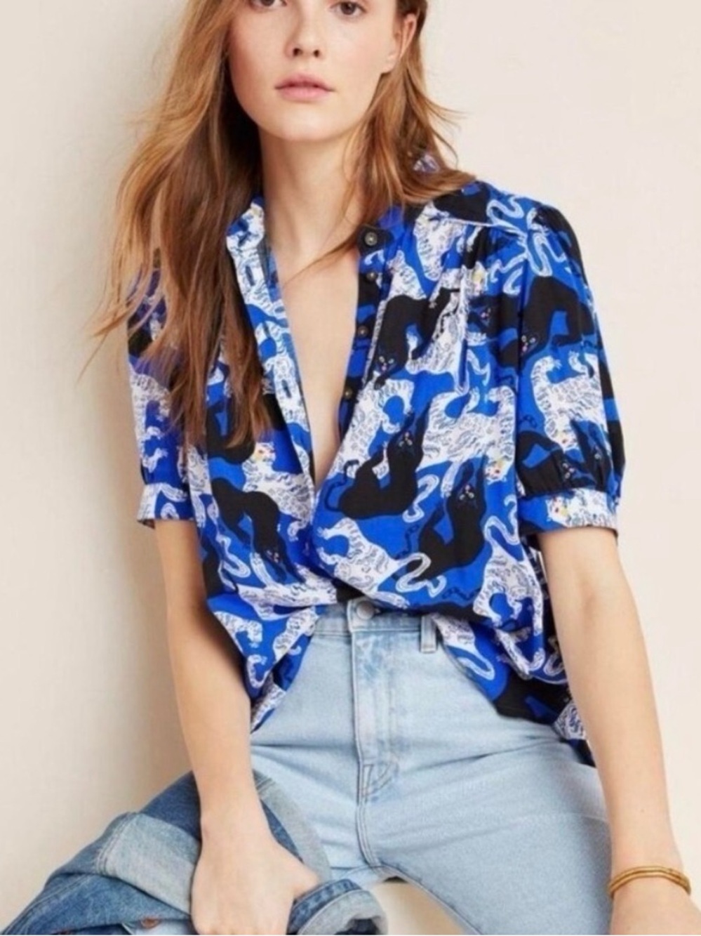 Anthropologie Emily Isabella Robina Blue panther Patterned Short-Sleeve Blouse S